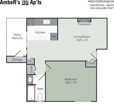 Floor plan for 1 bed, 1 bath, 700 sqft